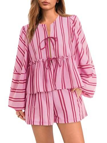 Tankaneo Womens 2 Piece Outfits Tie Front Peplum Tops Shorts Sets Striped Puff Long Sleeve Blouse... | Amazon (US)