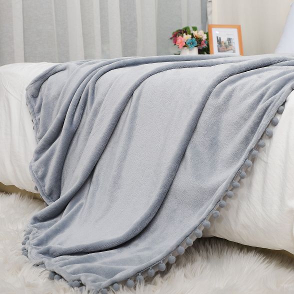 1 Pc Polyester Luxury Flannel with Pompom Bed Blankets  - PiccoCasa | Target