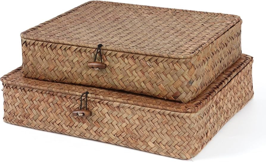Flat Wicker Shelf Baskets with Lid, Handwoven Seagrass Basket Boxes for Storage Baskets Bins Home... | Amazon (US)