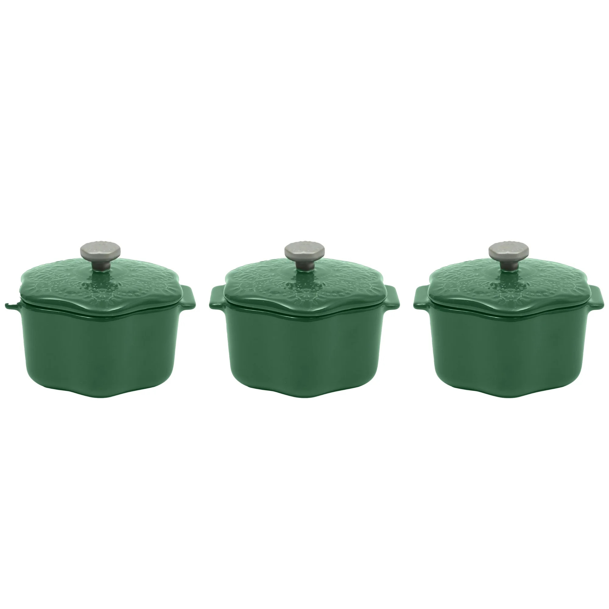 The Pioneer Woman Stoneware 2 Cup Snowflake Cocotte with Lid, Green, Set of 3 | Walmart (US)