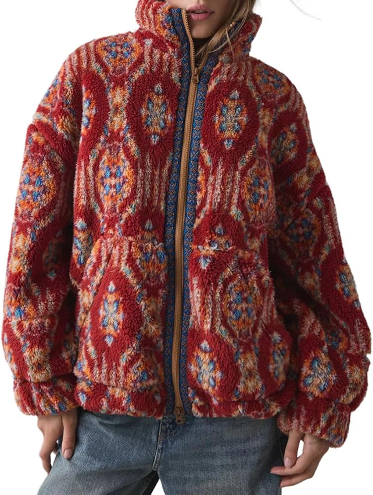 CHARTOU Women's Floral Fleece Sherpa Jacket Fall Thick Zip Up Oversized Cute Winter Coat | Amazon (US)