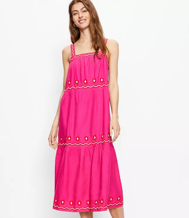 Embroidered Tiered Square Neck Midi Dress | LOFT