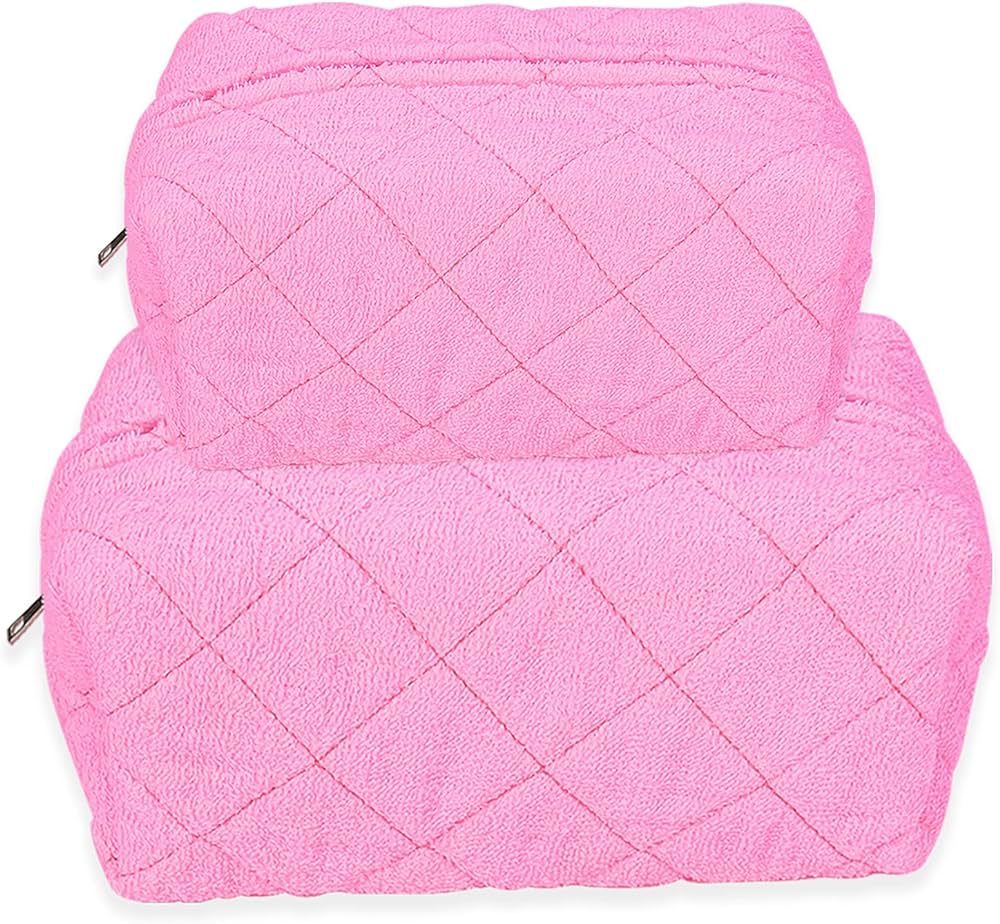 Jelyne 2 Pcs Terry Cloth Makeup Bag Zipper Pouch Handmade Terry Quilted Fabric Travel Cosmetic Organ | Amazon (US)