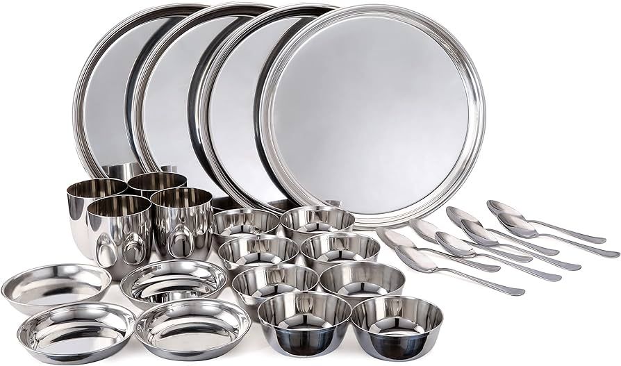 Vinod Stainless Steel Dinner Set | 4 Stainless Steel Plates, 8 Bowls, 8 Shiny Spoons, 4 Conical G... | Amazon (US)