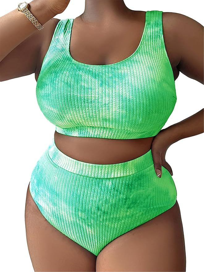 MakeMeChic Women's Plus Size 2 Piece Bathing Suits Tie Dye High Waisted Ribbed Bikini Swimsuits | Amazon (US)