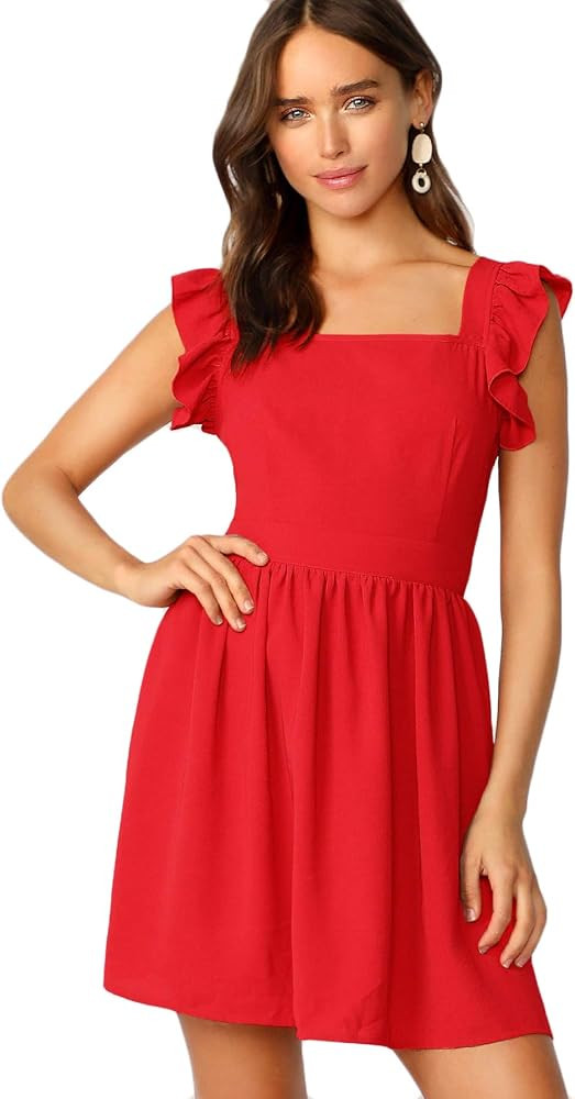 Romwe Women's Cute Tie Back Ruffle Strap A Line Fit and Flare Flowy Short Dress | Amazon (US)