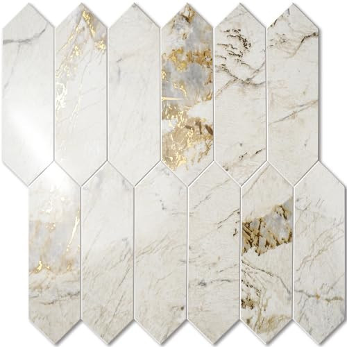 Vamos Tile Glossy Pandora Marble with Gold Veining Backsplash Tile Peel and Stick, 12.8 x 12.8 Inch 10 Sheets Long Hexagon PVC Self Adhesive Mosaic Tiles Stick on Backsplash for Kitchen and Bathroom | Amazon (US)