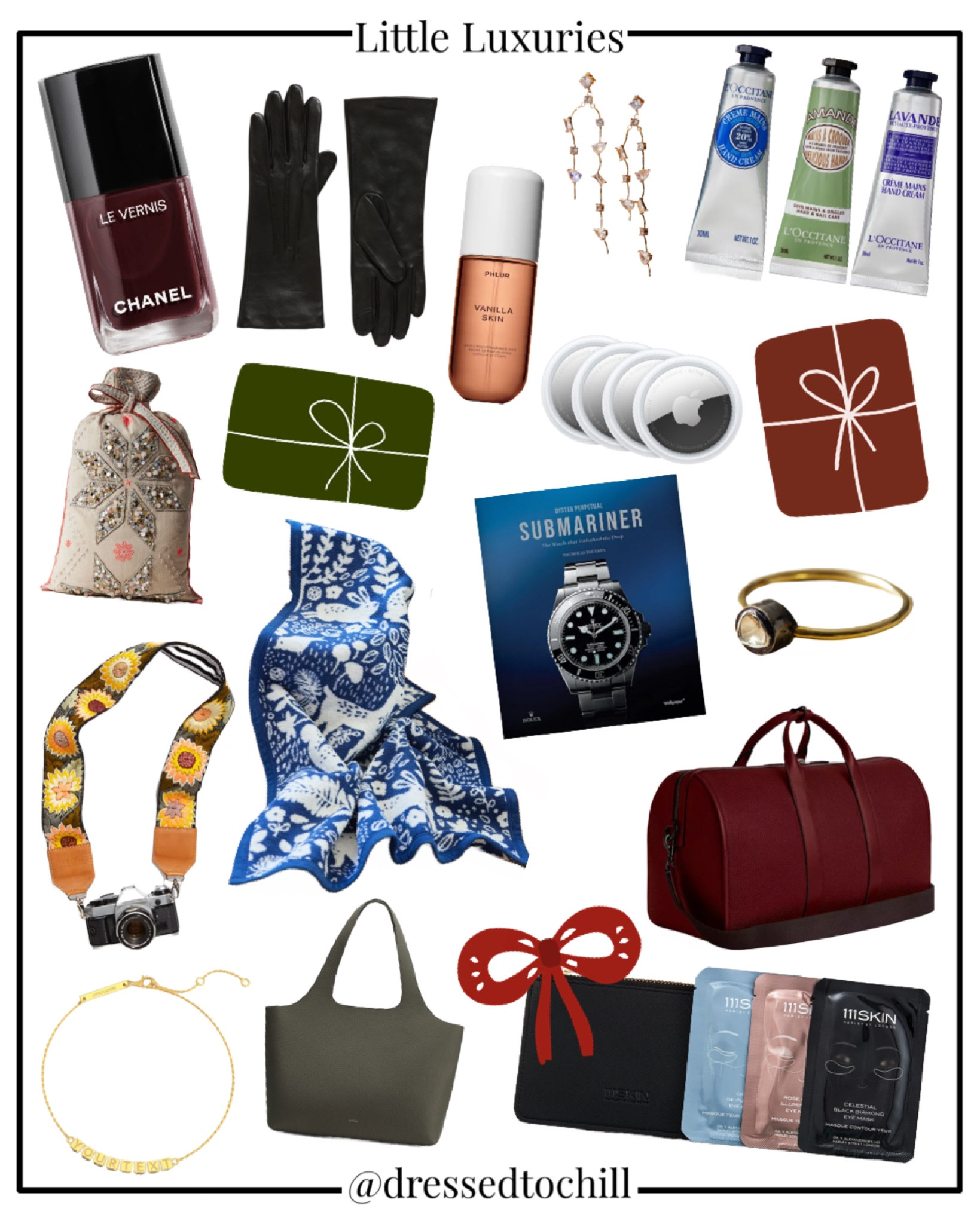 Little luxuries! Many of these come in at a reasonable price point, but provide a portal to the high life :) Whether that’s slipping on a pair of cashmere-lined leather gloves to go outside, wrapping someone’s gift in a beautiful keepsake bag, or lacquering your nails with some Chanel polish. My favorite pick on here is the Cuyana handbag - it’s made of beautiful, soft, LWG certified pebbled leather and it’s fully customizable with endless add-on accessories that match. 