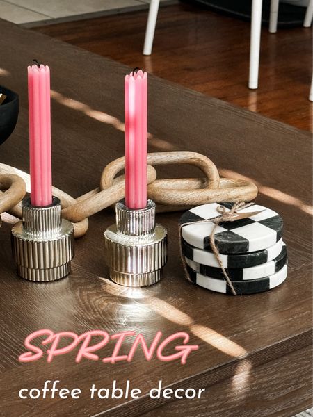 Spring coffee table decor 

Pink taper candles • gold candle holders • gingham coasters • apartment decor
• spring refresh 