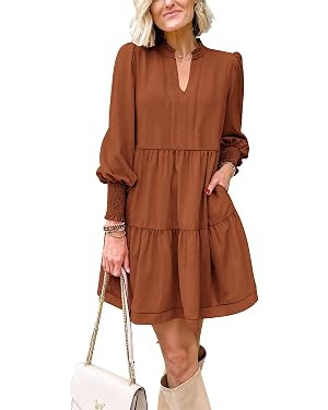 Imily Bela Womens Fall Long Sleeve Tunic Dress Casual V Neck Loose Ruffle Tiered Dress | Amazon (US)