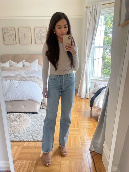 My favorite Agolde denim! wash is snapshot and I size down in these, they run big. Wearing 24. Top is TTS, wearing XS, heels are old linked similar 

#LTKstyletip