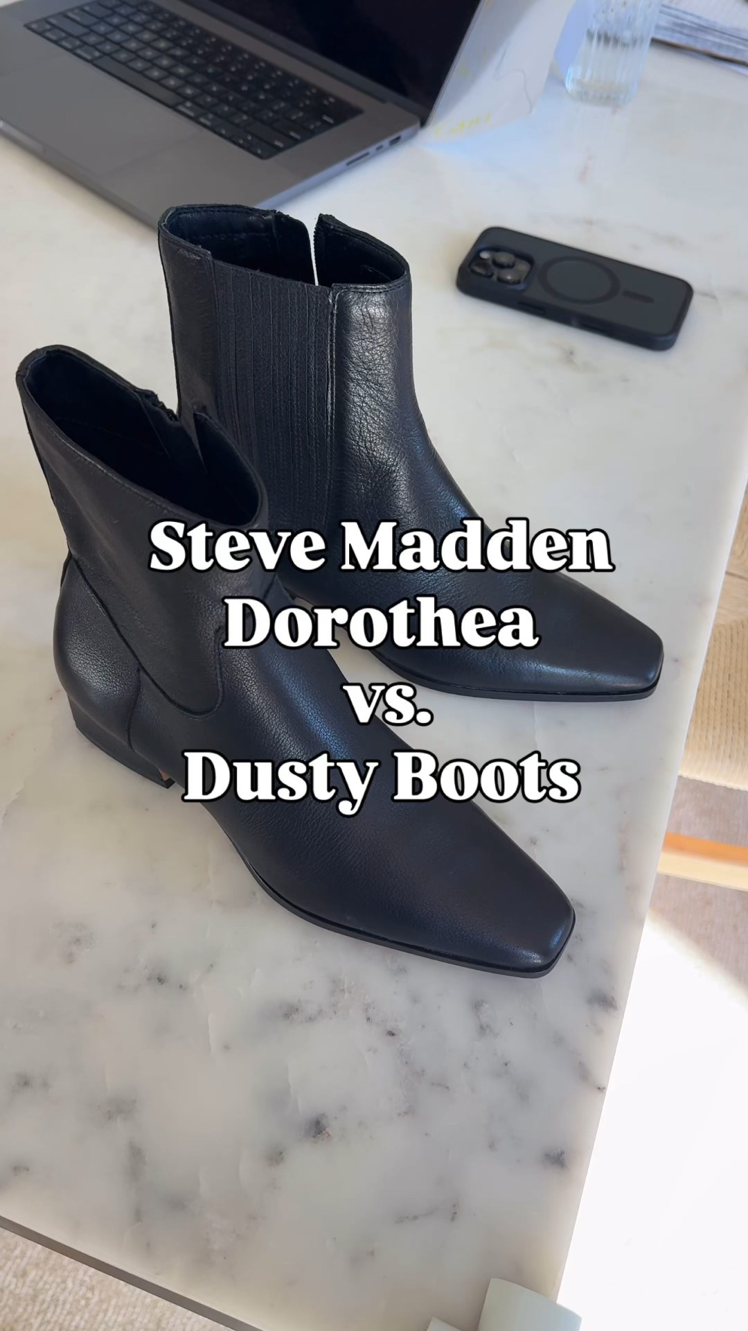 Steve Madden Dorothea boots which are sold out vs. Steve Madden Dusty boots. Very comparable. Dusty is more narrow but material is softer and they’re true to size. 

Steve Madden Dorthea 6
Steve Madden Dusty 5.5

#LTKSeasonal #LTKSaleAlert