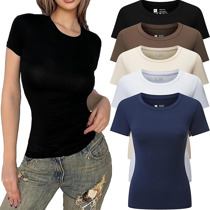 5pcs Women's Short Sleeve Slim Fit Y2K T Shirt Crew Neck Bodycon Crop Tunics Going Out Tops | Amazon (US)