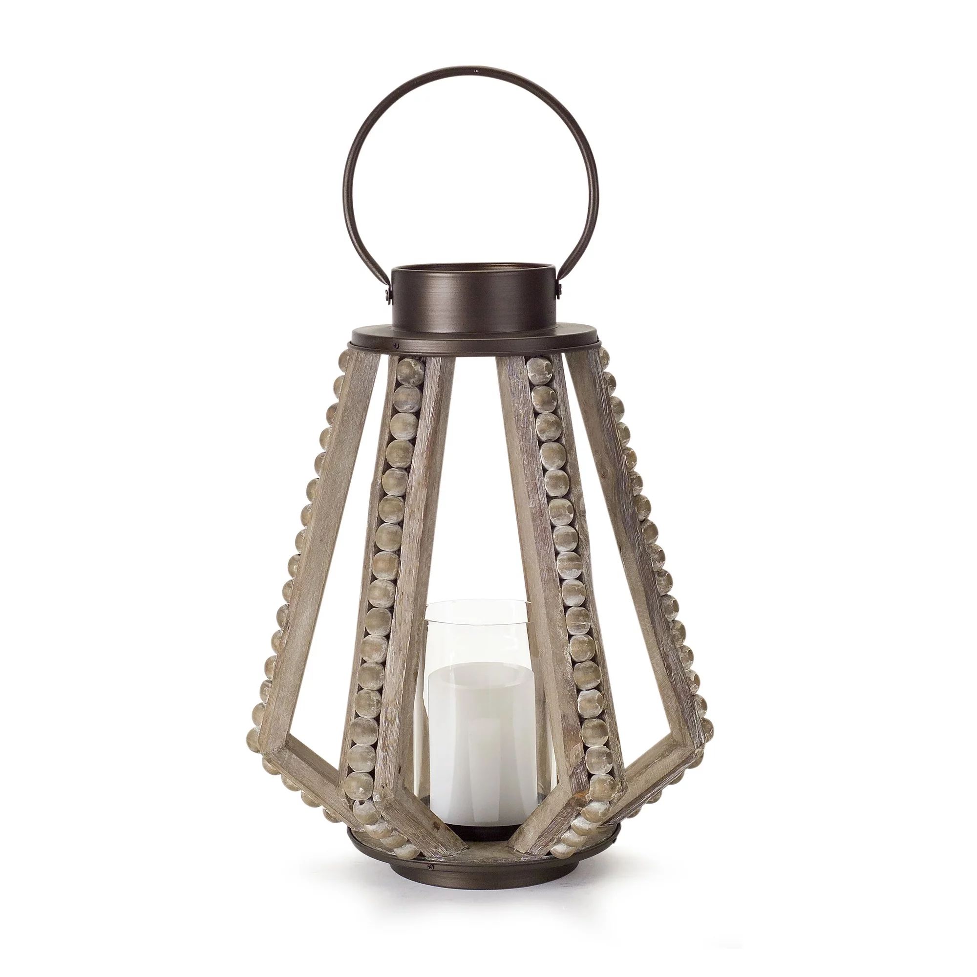 Set of 2 Wooden Design Body Candle Holder Lanterns with Bronze Metal Handle 21.5" | Walmart (US)
