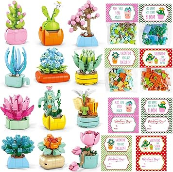 Qinline 24 Pack Valentines Gifts for Kids 6-12, Succulents Flower Bouquets Building Blocks with G... | Amazon (US)