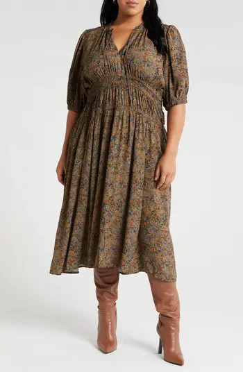 Treasure & Bond Puff Sleeve Drop Waist Midi Dress | Nordstrom | Nordstrom