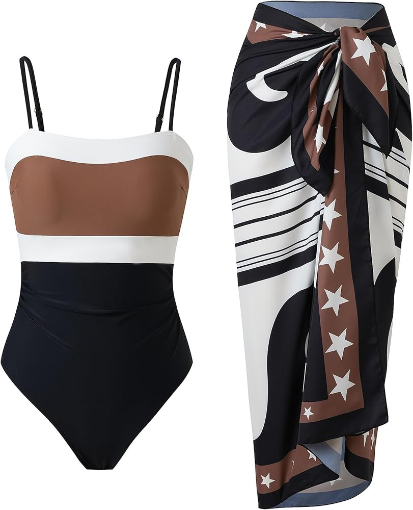 Women’s One Piece Swimsuit with Cover Up Set Skirt Retro 2 Piece Bathing Suit Swimwear | Amazon (US)