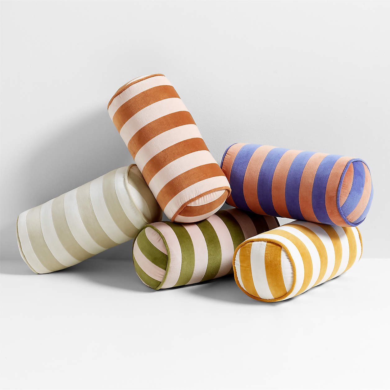 Elegant Pink and Almond Brown Harriet Stripe Velvet Kids Bolster Pillow | Crate & Kids | Crate & Barrel