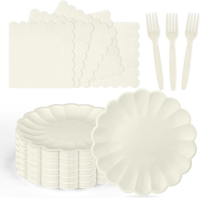 75 Pcs Ivory Paper Plates and Napkins Disposable Tableware Set Include Cream Scalloped Plates wit... | Amazon (US)
