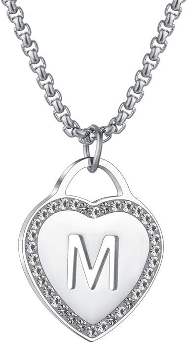 Women's Silver Initial Necklace Stainless Steel Love Heart Tiny Letter Necklace Personalized Name... | Amazon (US)