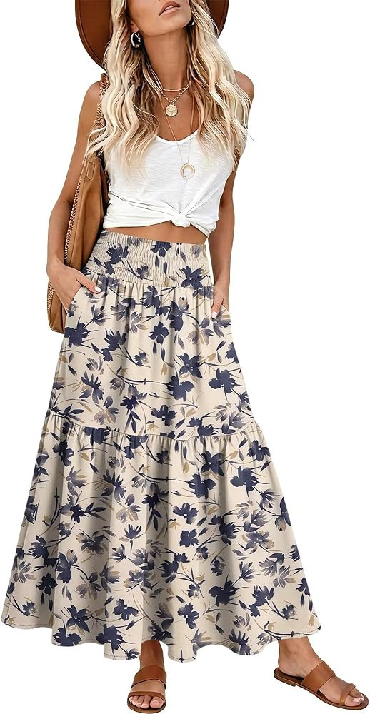 StunShow Women's Maxi Skirts Boho High Waisted Flowy A Line Pleated Beach Long Skirt with Pockets... | Amazon (US)