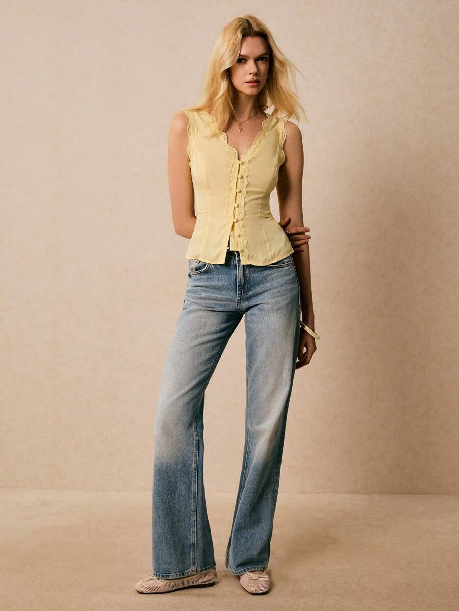 Poéselle Butter Yellow Top, Women's Solid Color Contrast Lace V-Neck Single-Breasted Fashion Top... | SHEIN