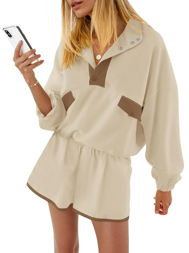 Fisoew Womens 2 Piece Sets Sweatsuits Casual Half Button Color Block Sweatshirts Running Shorts T... | Amazon (US)