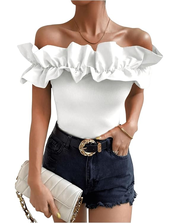 OYOANGLE Women's Ruffle Trim Off Shoulder Short Sleeve Blouse Party Tops Shirt | Amazon (US)