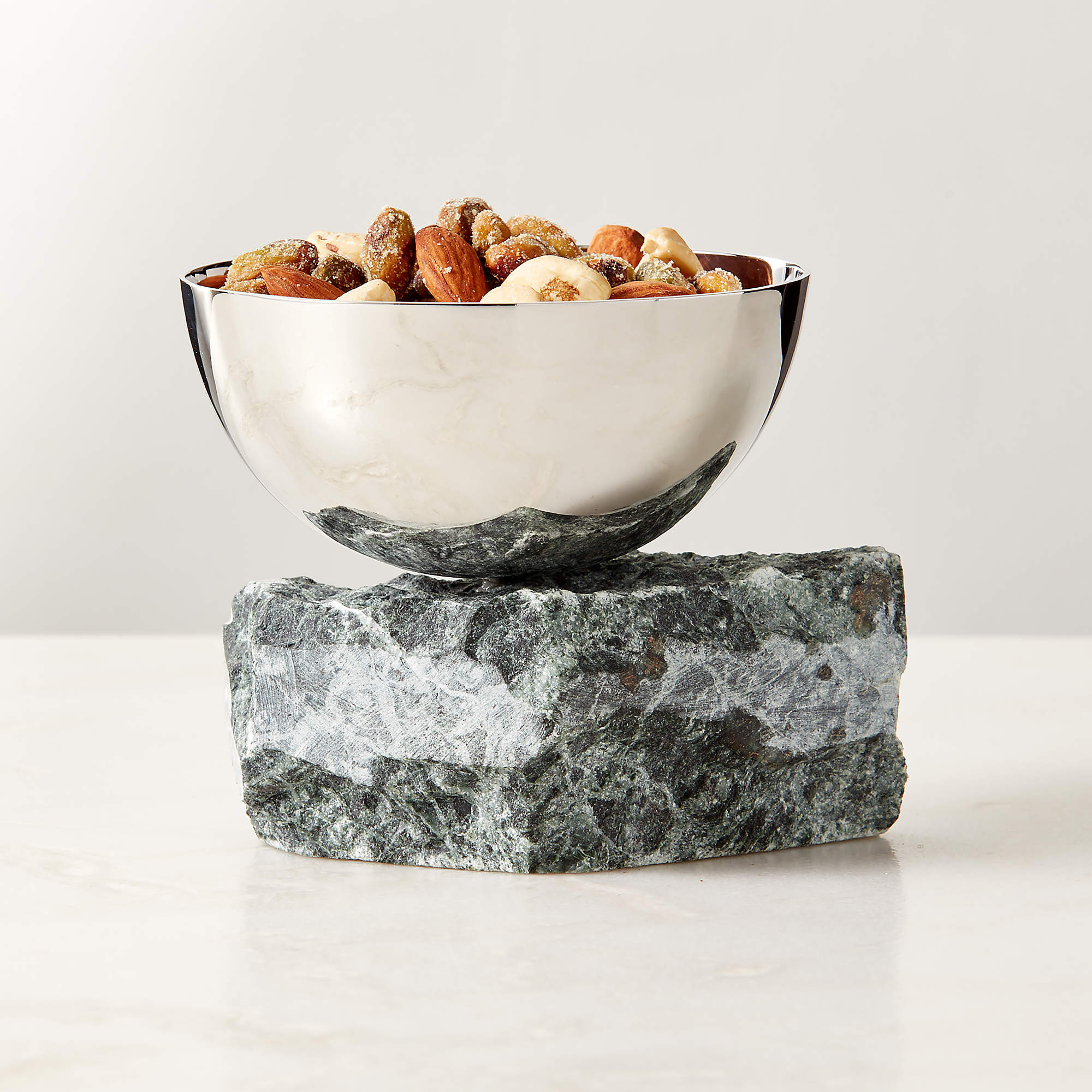 Laftin Polished Stainless Steel and Green Marble Snack Bowl 4" + Reviews | CB2 | CB2