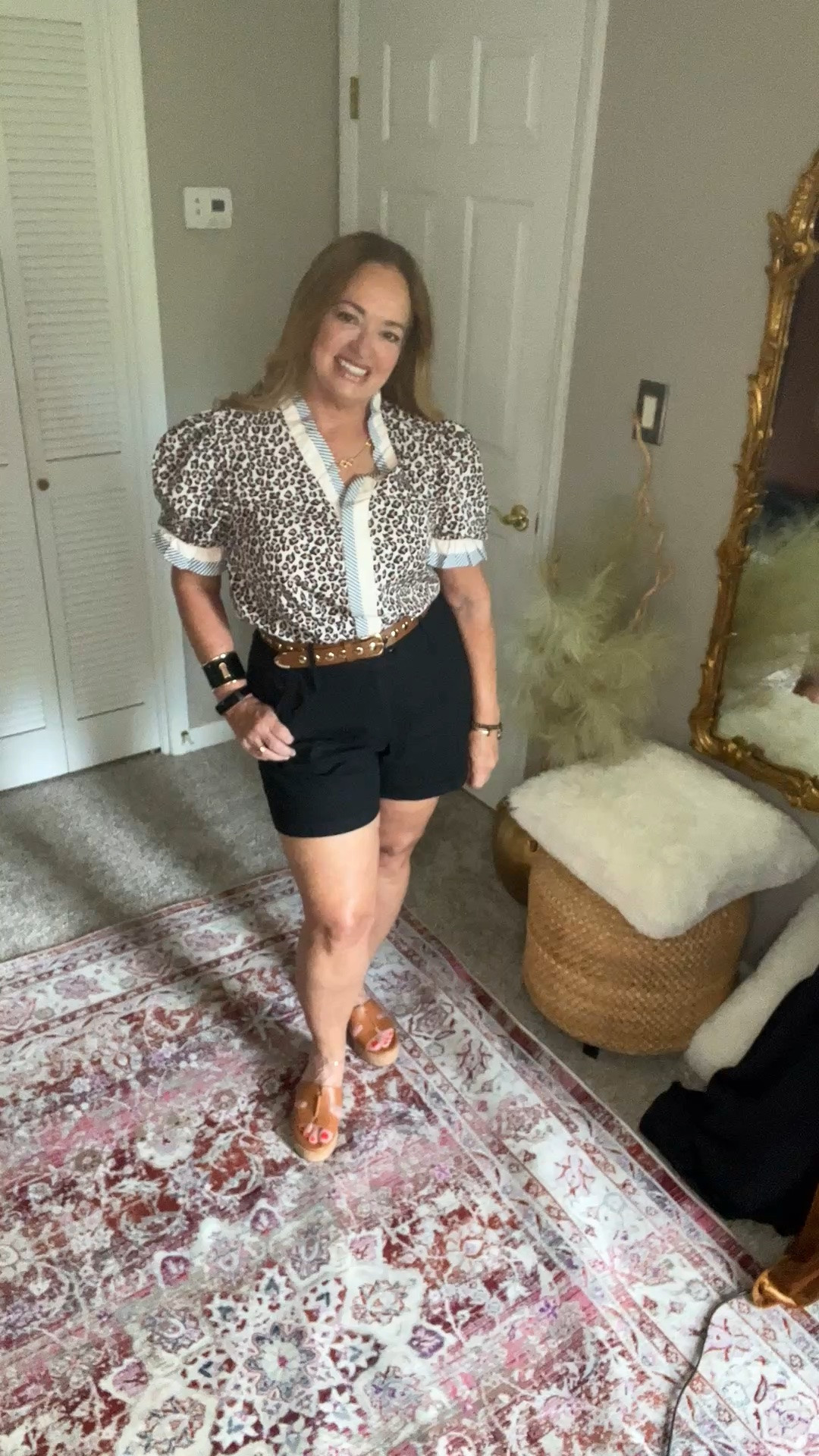 Puff sleeve leopard print with contrasting stripe trim. A beautiful summer blouse that can be worn so many ways! Very versatile.

#LTKgrwm #LTKWorkwear #LTKOver40