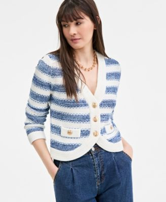 On 34th Women's Cotton Striped Curved-Hem Cardigan, Exclusively at Macy's - Macy's | Macy's