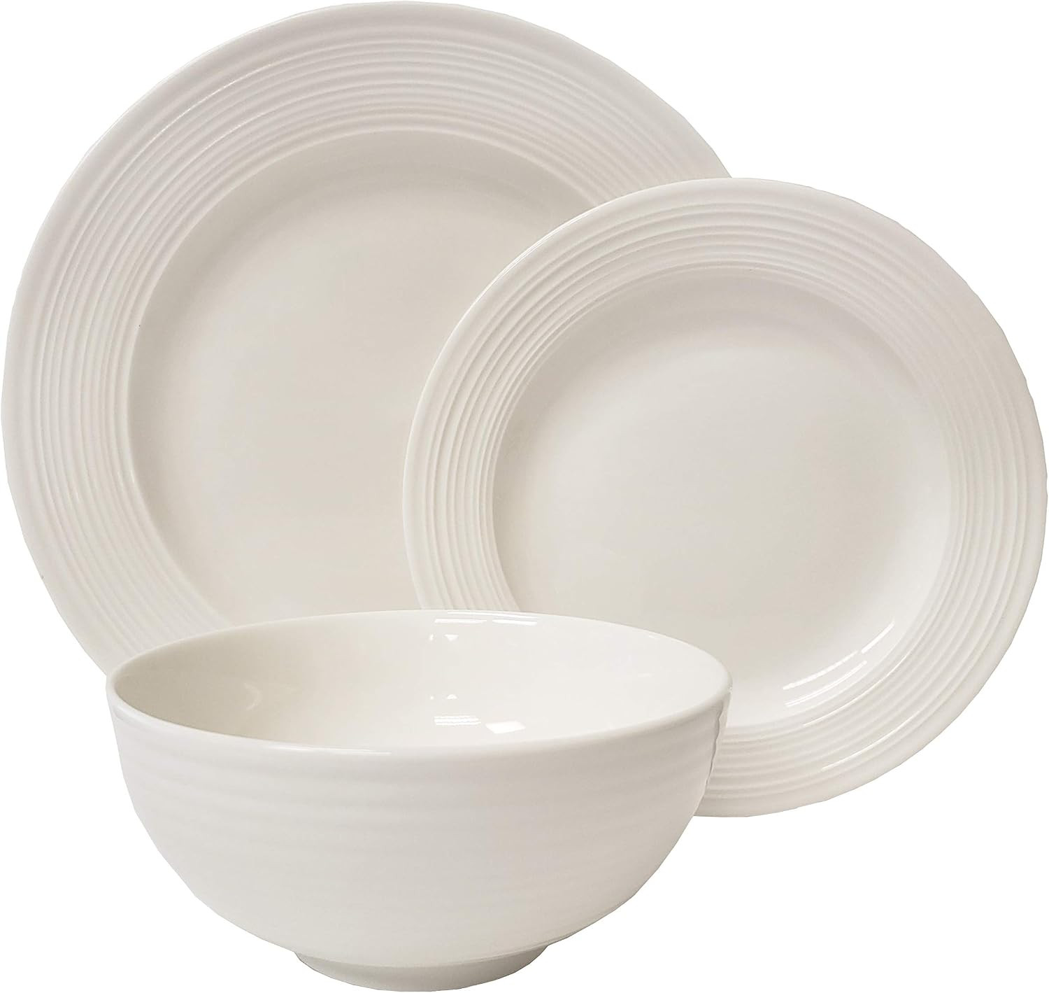 TTU Tabletops Gallery Embossed Bone White Porcelain Round Dinnerware Collection- Chip Resistant Scratch Resistant, Contempo 12 Piece Dinnerware Set (Dinner Plate, Salad Plate, Cereal Bowl) | Amazon (US)