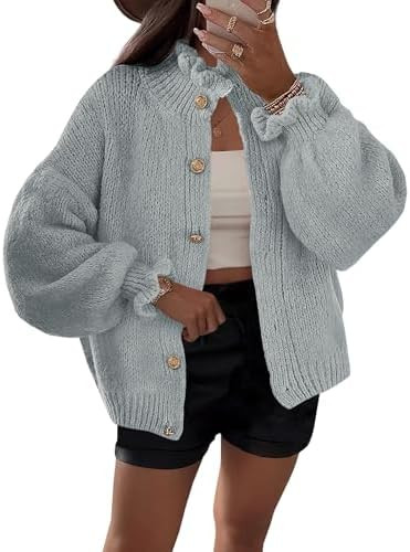 Saodimallsu Womens Ruffle Cardigan Oversized Button Up Fall Trendy Ribbed Knit Open Front Long Sl... | Amazon (US)