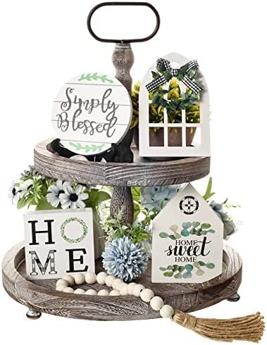 6 Pieces Farmhouse Tiered Tray Decor Home Decor Mini Signs Home Sweet Home Simply Blessed Wooden Bea | Amazon (US)