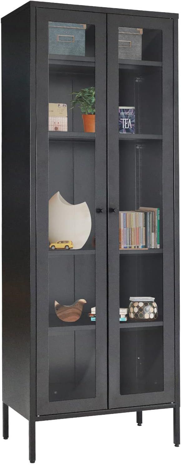 Metal Storage Curio Cabinet with Glass Doors, Black Steel Display Cabinet with 4 Adjustable Shelv... | Amazon (US)