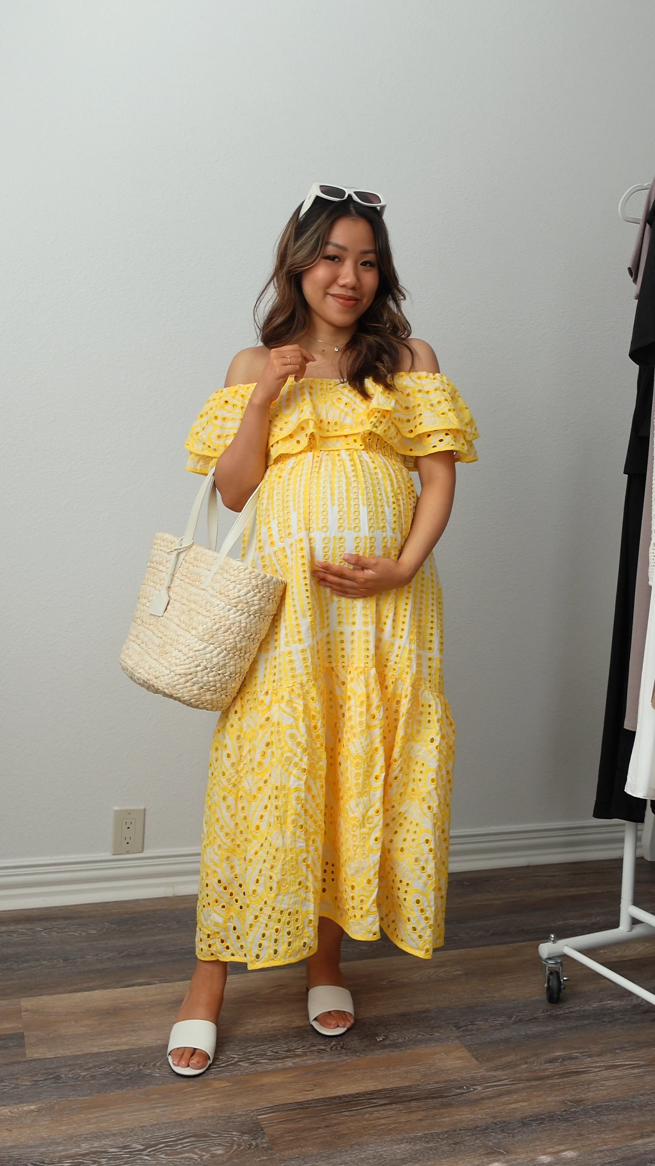 Vacation outfit 🫶🏽 dress size S 
Bump friendly with lining
Strappy sandals size 6 fit TTS

Straw bag sandals off shoulder dress yellow dress bump style maternity pregnancy dress maxi dress vacation dress beach outfit wedding guest dress eyelet under 100 

#LTKbump #LTKwedding #LTKunder100