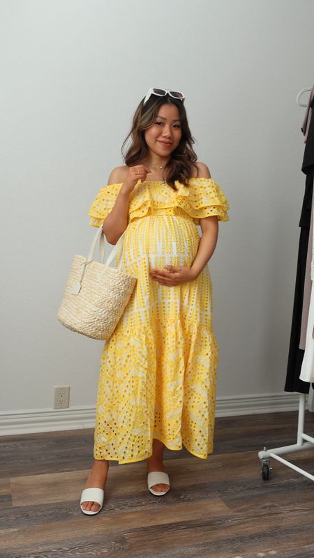 Vacation outfit 🫶🏽 dress size S 
Bump friendly with lining
Strappy sandals size 6 fit TTS

Straw bag sandals off shoulder dress yellow dress bump style maternity pregnancy dress maxi dress vacation dress beach outfit wedding guest dress eyelet under 100 

#LTKbump #LTKwedding #LTKunder100