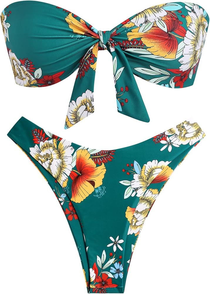ZAFUL Knotted Bandeau Bikini for Women Strapless Swimsuits High Cut Bathing Suit Sexy Cheeky Tie ... | Amazon (US)