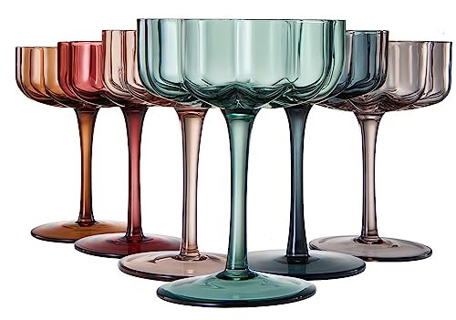 KHEN Flower Vintage Wavy Glass Coupes Martini, Champagne & Cocktail Coupes - Set of 6 - Muted Colors 7oz Colorful Cocktail Glasses Ripple & Champagne Glasses, Prosecco, Mimosa Copyright Design | Amazon (US)