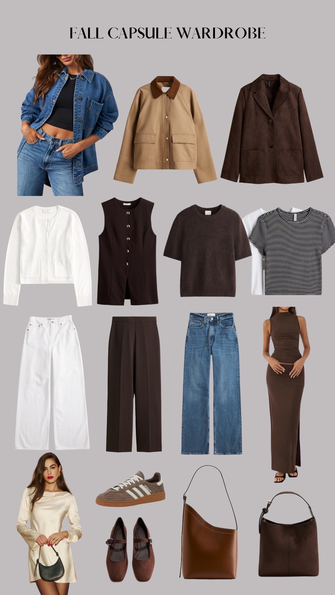 Here is an updated 2025 fall capsule wardrobe! 3 autumn jackets, a cardigan, 3 autumn tops, 3 pairs of pants, 2 shoes, 2 purses, a two piece set, and a satin dress - they make endless outfit combinations! These are amazing finds from Abercrombie, Amazon, H&M, and Reformation. If you’ve been looking for some autumn outfit ideas, make sure to check out my TikTok / Instagram Reel which shows 16 outfit combos! For reference I’m 5’8” and wear a S in most tops, except the suede blazer which is an M for an oversized fit. Pants are 6 or 27, and shoes are TTS (size 36 flats, 6.5 Adidas)

#LTKSeasonal #LTKStyleTip #LTKFindsUnder100