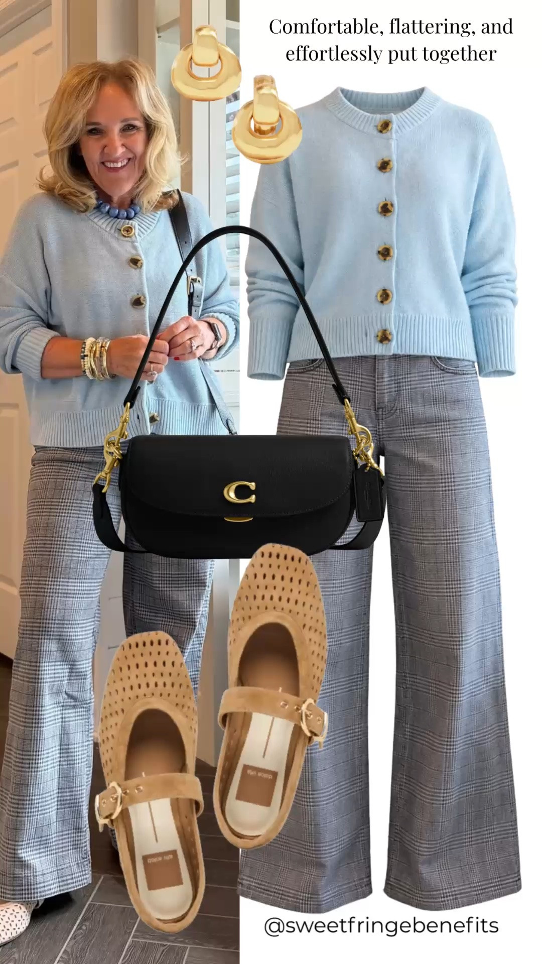 This soft blue cardigan is the perfect layering piece for cooler days. Paired with chic plaid wide-leg pants, classic Mary Jane flats, and a black shoulder bag, it's a polished look that's comfortable, flattering, and effortlessly put together.

💡 LTK MADE EASY
❤️ Heart = Support my posts!
🔖 Save = Get sale & restock alerts
📋 Lists = Keep favorites organized
📲 Share = Send lists and products to a friend. Hello, Christmas List!
💬 Comment = Ask me anything about what I'm wearing.:-) 

 #LTKootd #LTKSaleAlert #LTKOver40