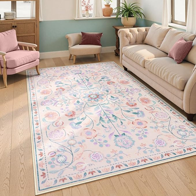 Anidaroel 5x7 Area Rugs for Living Room, Washable Pink Floral Rugs for Bedroom Girls, Soft Boho N... | Amazon (US)