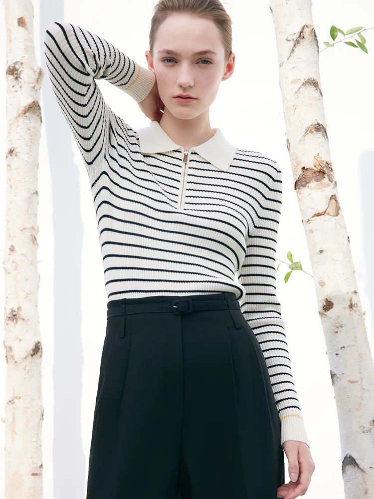Black And White Stripe Slim Woolen Jumper | GOELIA