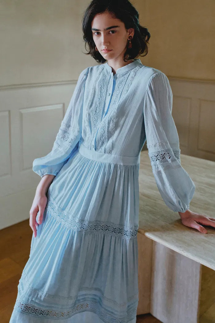 Eloise Cutwork Embroidery Long Puff Sleeve Dress in Fine-Pleated Visco | Fabrique