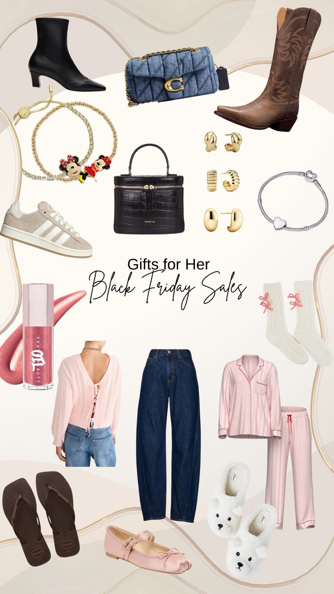 Gifts For Her / Black Friday Deals / Cyber Monday Deals / Coach Purse / Paris/64 handbag / pandora bracelet / baublebar jewelry / Aeropostale cardigan / gap jeans / fenty beauty lip gloss / Mejuri earring set / etam socks / havaianas flip flops / Steve Madden boots / tecovas cowboy boots / dolce vita ballet flats / adidas sambas campus 00s sneakers / etam bear slippers 

#LTKCyberWeek #LTKHoliday #LTKSaleAlert