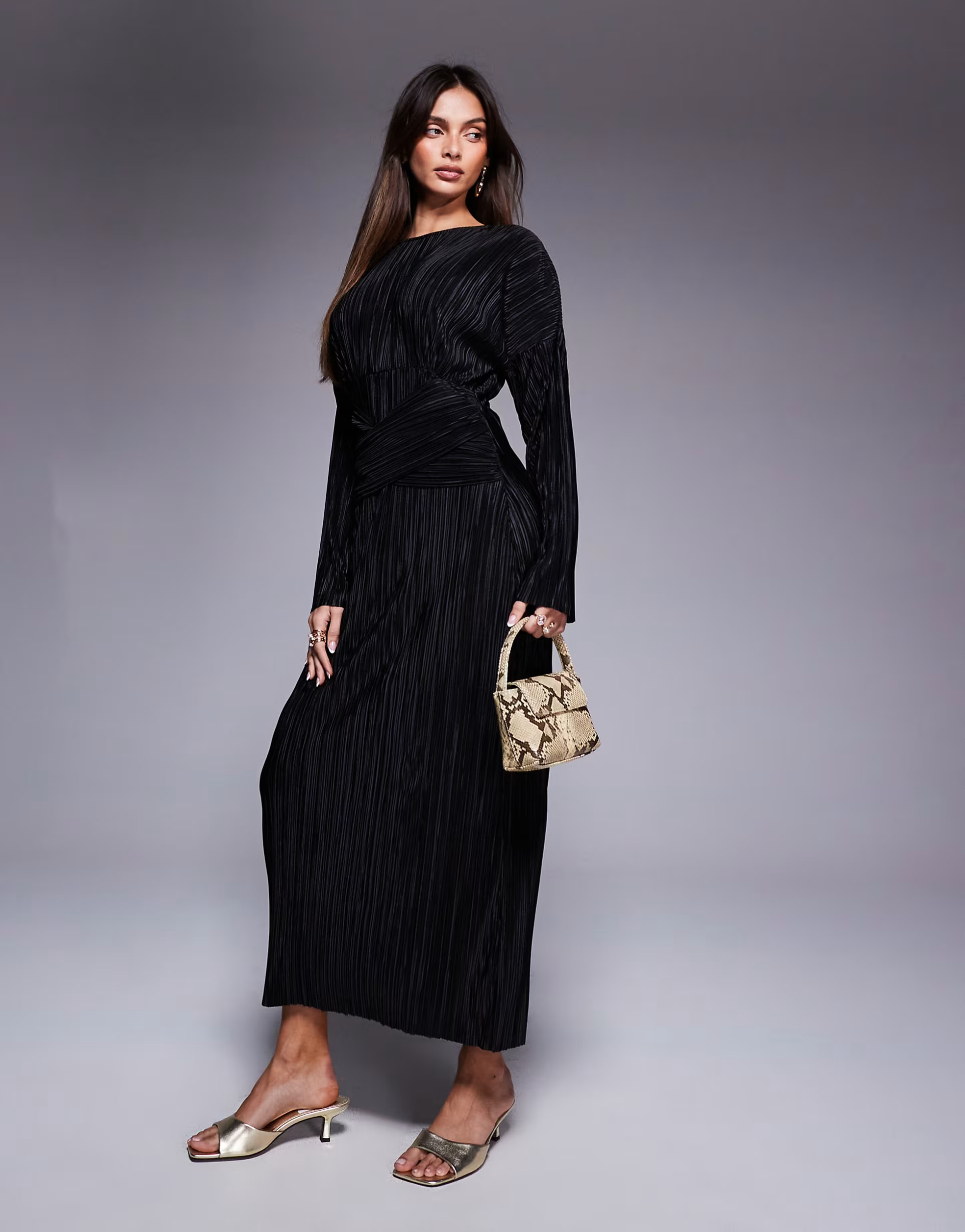 ASOS DESIGN plisse high neck long sleeve wrap waist maxi dress in black | ASOS | ASOS (Global)