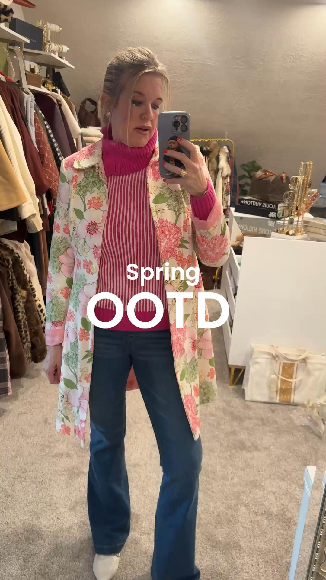 Spring outfit of the day

One of my favorite sweaters
Hot pink stripe

Floral  spring coat (vintage)
Linked similar

Spanx pull on flare denim jeans 
Fit tts in a med  so comfy and flattering .
Use code Deardarcyxspanx
25% off 

Steve Madden mules with gold chain detail (old) linked similar 

Pink Julie Vos earrings and ring 

#LTKootd #LTKOver40