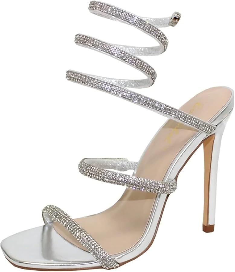 Women Rhinestone Spiral Ankle Wrap Strap High Heels Sandals | Amazon (US)