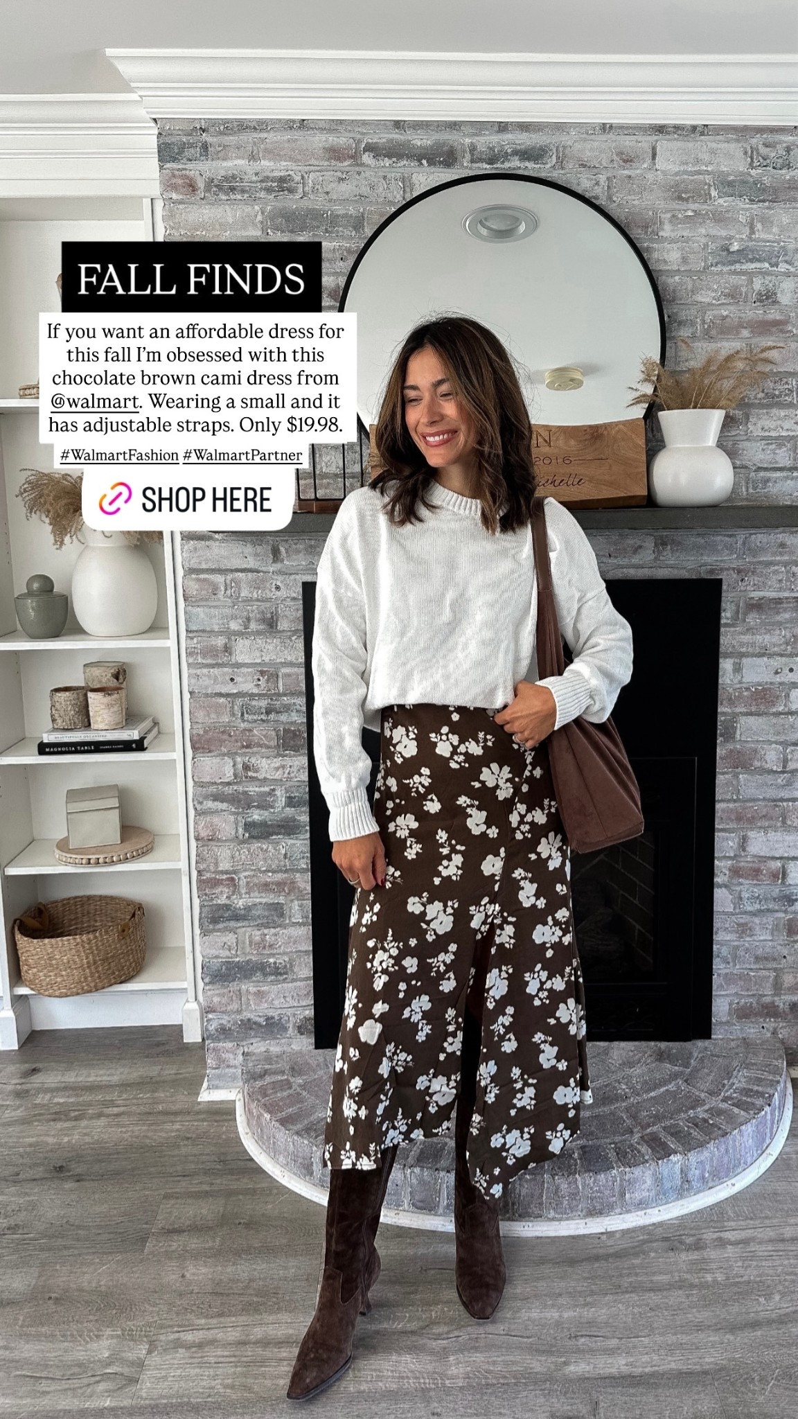 If you want an affordable dress for this fall I’m obsessed with this chocolate brown cami dress from @walmart. Wearing a small and it has adjustable straps. Only $19.98.  #WalmartFashion #WalmartPartner