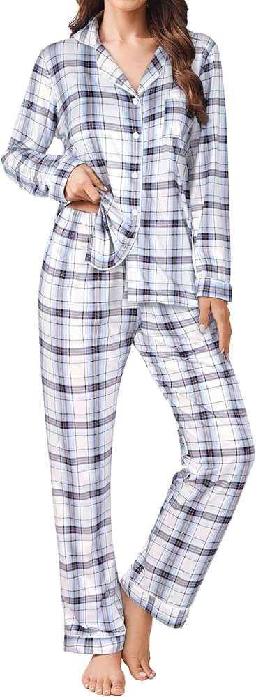 Ekouaer Womens Pajama Sets Plaid Printed Pjs Sets Button Down Long Sleeve Sleepwear Set Soft Loun... | Amazon (US)